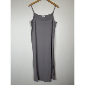 Eileen Fisher Sz M Gray 100% Silk Tank Square Neck Maxi Slip Dress Side Slits